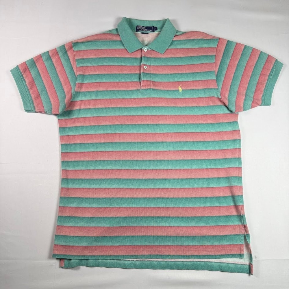 Vintage Polo Ralph Lauren Polo Shirt Faded Striped Pink Teal Green Mens Large